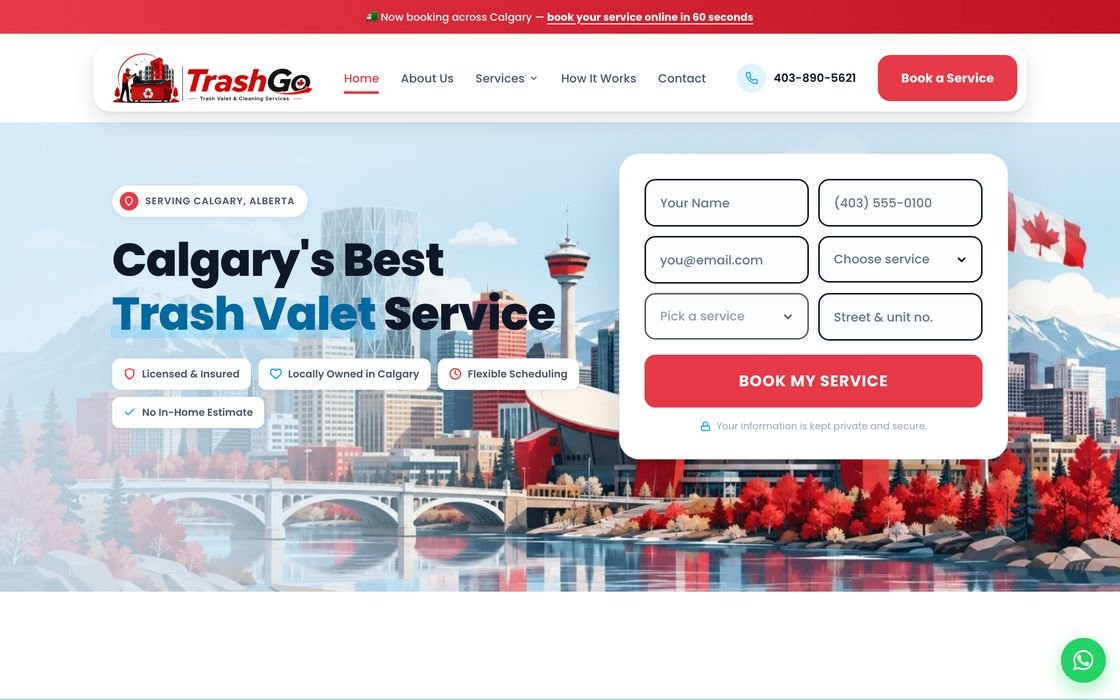 Trash Go homepage hero — Calgary's best trash valet service with an inline booking form